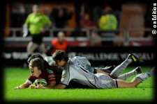 Dale Ford of Scarlets scores a try during the LV= Cup first round match between Scarlets and Leicester Tigers at Parc y Scarlets